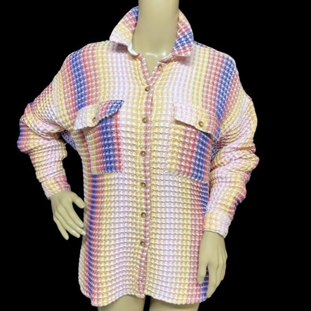 BDG Women’s Multicolor XS Waffled Button Down Long Sleeve Shirt in EUC